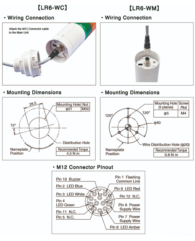 LR6+FB295 Signal Tower with M12 Connector Specifications wiring connection