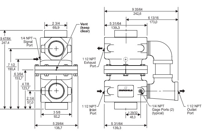 Rotork Fairchild 200XLR Volume Booster Outline Dimensions