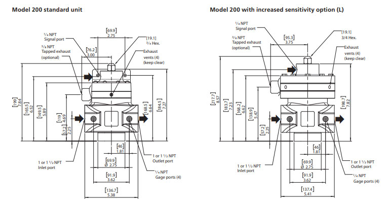 Rotork Fairchild Model 200 Volume Booster Dimensions