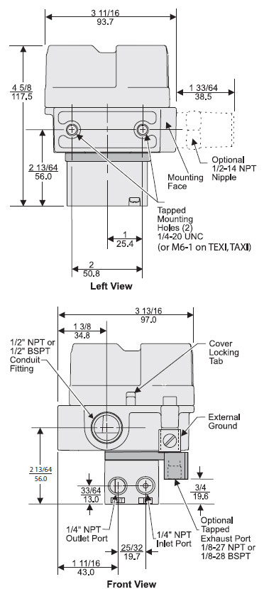 Rotork Fairchild Model TXI7850 Moisture Resistant Electro-Pneumatic Transducer Dimensions